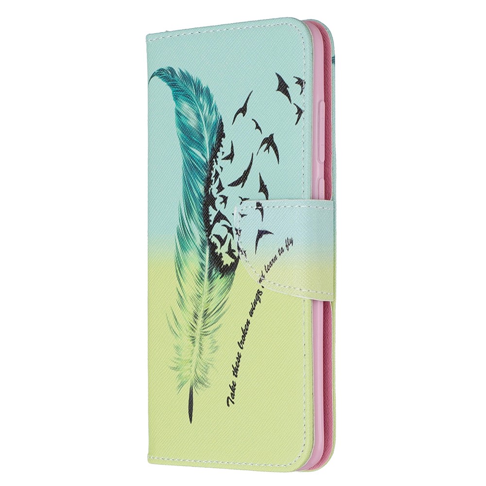 Pattern Printing Leather Wallet Case for Xiaomi Redmi Note 8 Pro - Feather Pattern-2