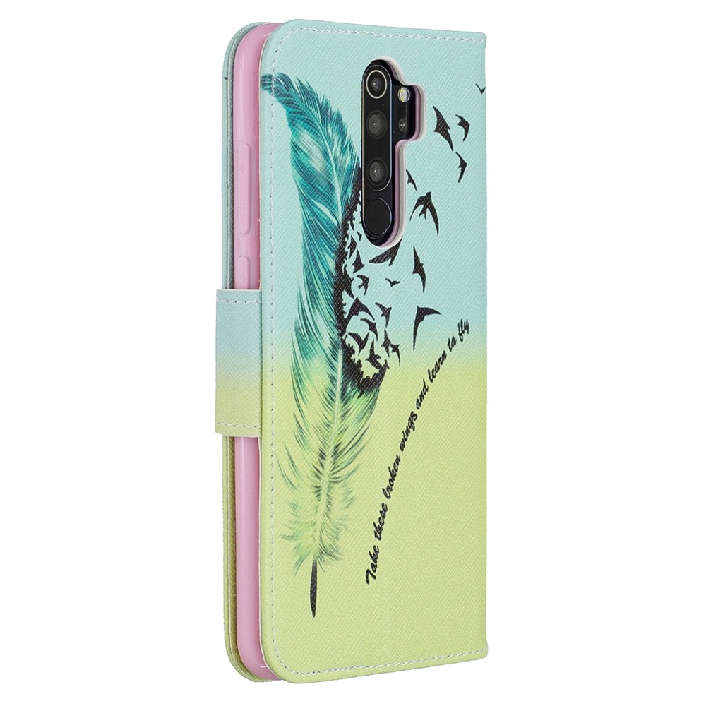 Pattern Printing Leather Wallet Case for Xiaomi Redmi Note 8 Pro - Feather Pattern-3