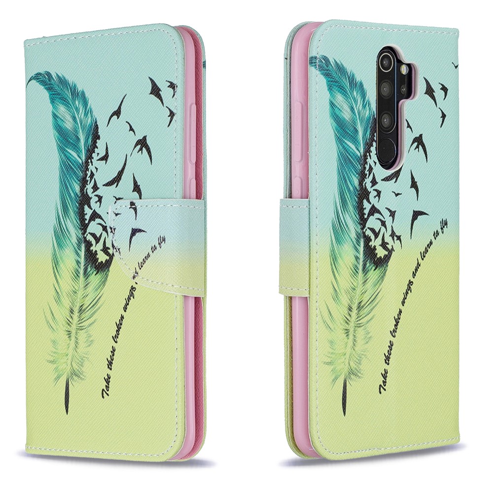 Pattern Printing Leather Wallet Case for Xiaomi Redmi Note 8 Pro - Feather Pattern-4