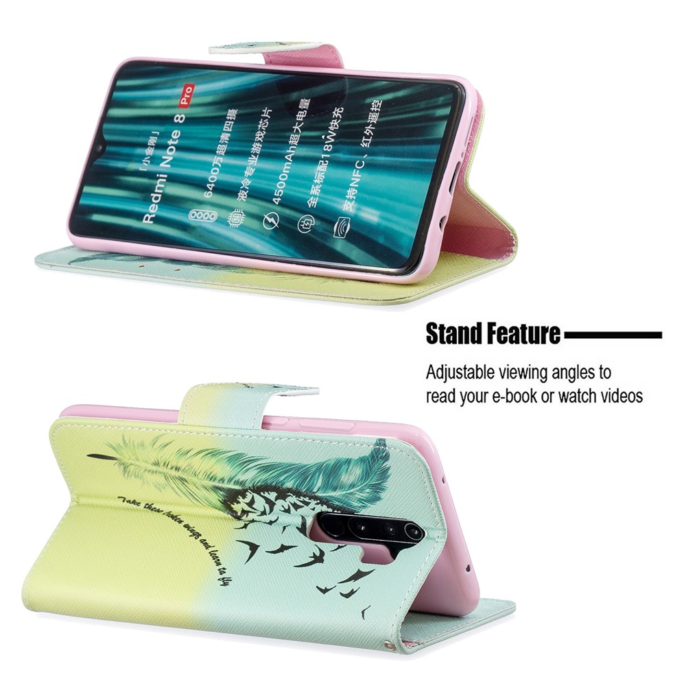 Pattern Printing Leather Wallet Case for Xiaomi Redmi Note 8 Pro - Feather Pattern-5