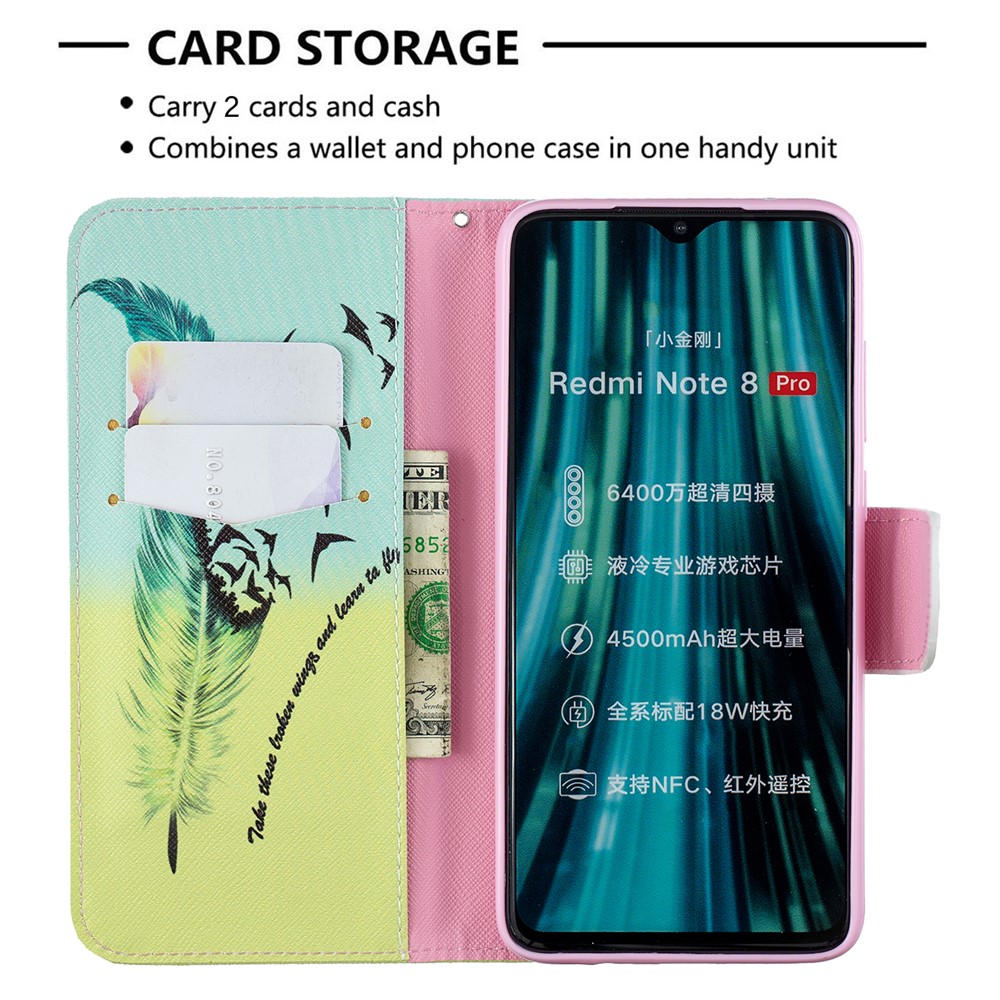 Pattern Printing Leather Wallet Case for Xiaomi Redmi Note 8 Pro - Feather Pattern-6