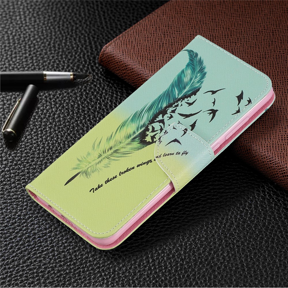 Pattern Printing Leather Wallet Case for Xiaomi Redmi Note 8 Pro - Feather Pattern-7