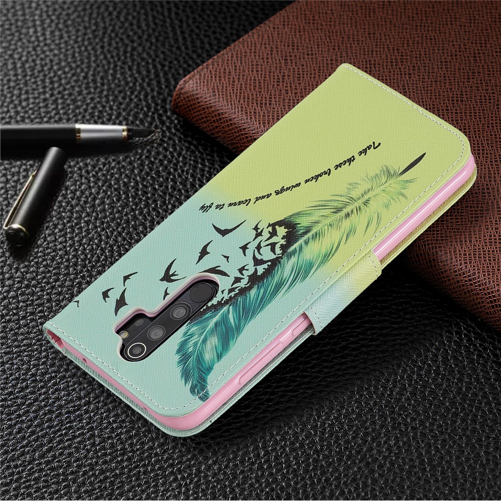 Pattern Printing Leather Wallet Case for Xiaomi Redmi Note 8 Pro - Feather Pattern-8