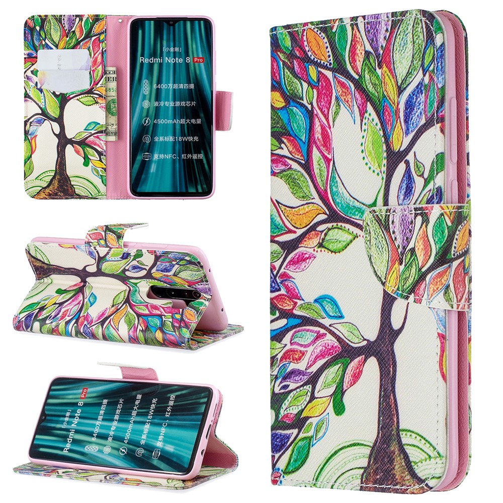 Pattern Printing Leather Wallet Case for Xiaomi Redmi Note 8 Pro - Colorized Tree-1
