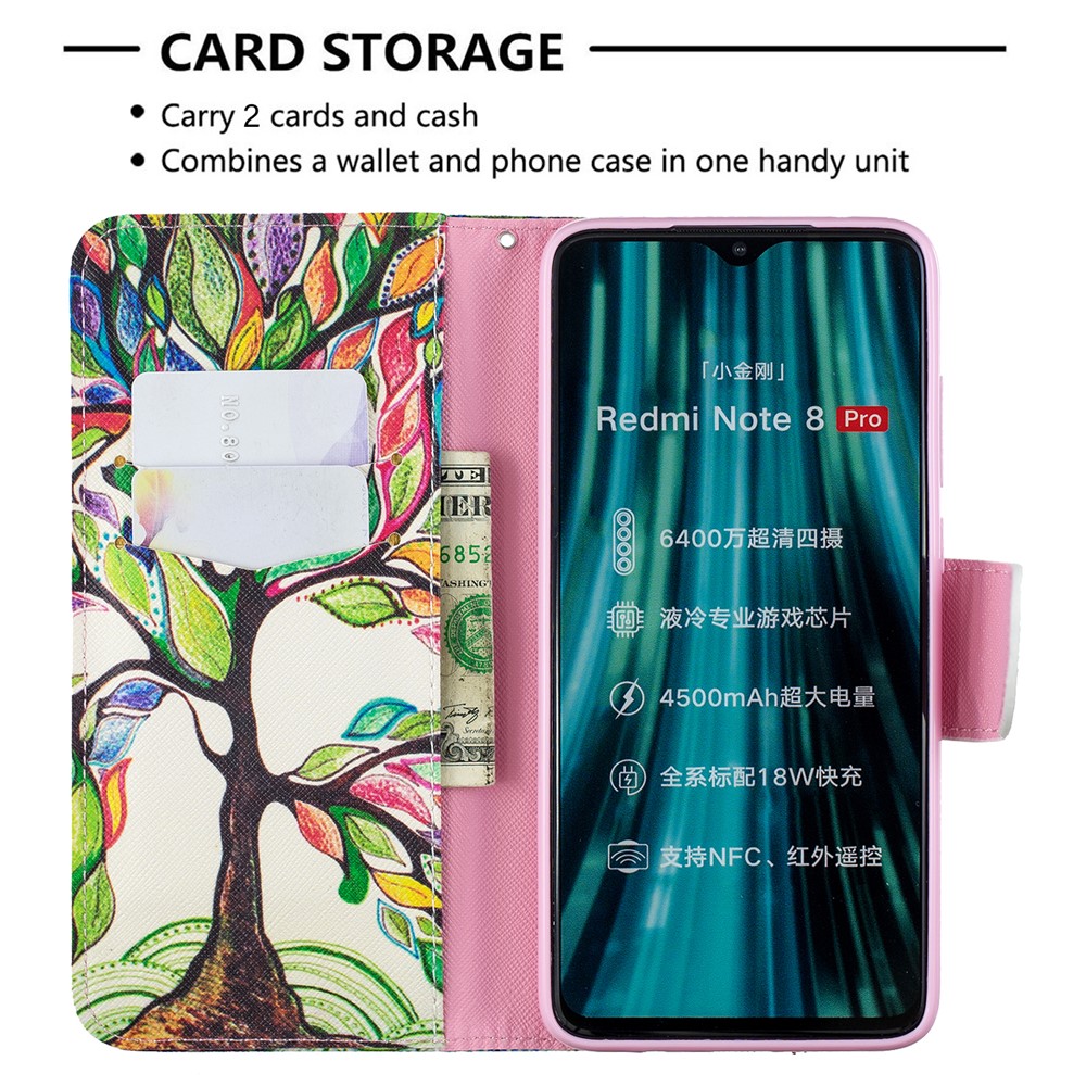 Pattern Printing Leather Wallet Case for Xiaomi Redmi Note 8 Pro - Colorized Tree-6