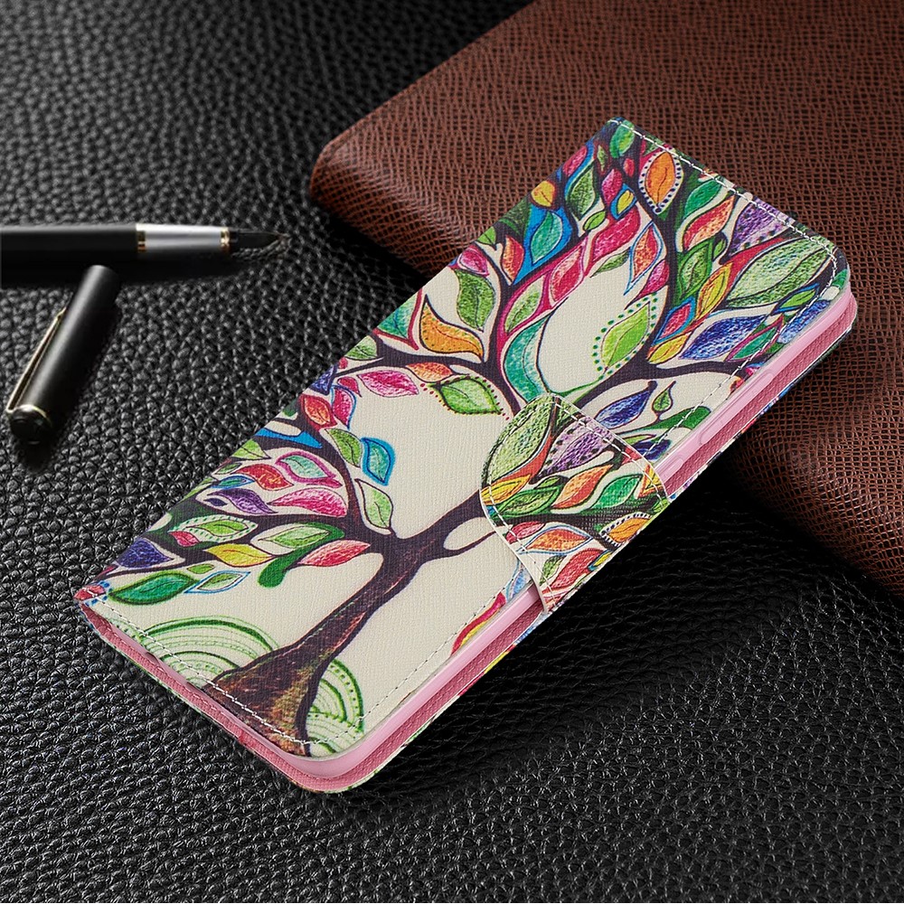 Custodia di Portafoglio in Pelle da Stampa Motivi Per Xiaomi Redmi Note 8 Pro - Albero Colorato