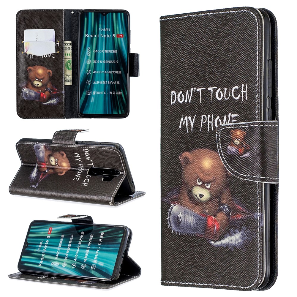 Pattern Printing Leather Wallet Case for Xiaomi Redmi Note 8 Pro - Brown Bear and Warning Words-1