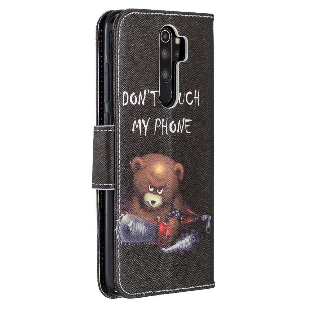 Padrão Printing Leather Wallet Case Para Xiaomi Redmi Note 8 Pro - Urso Marrom e Palavras de Aviso-3