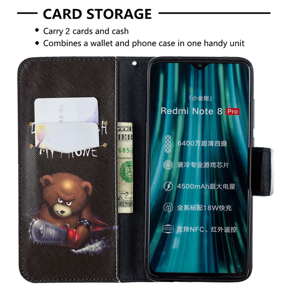 Padrão Printing Leather Wallet Case Para Xiaomi Redmi Note 8 Pro - Urso Marrom e Palavras de Aviso-6