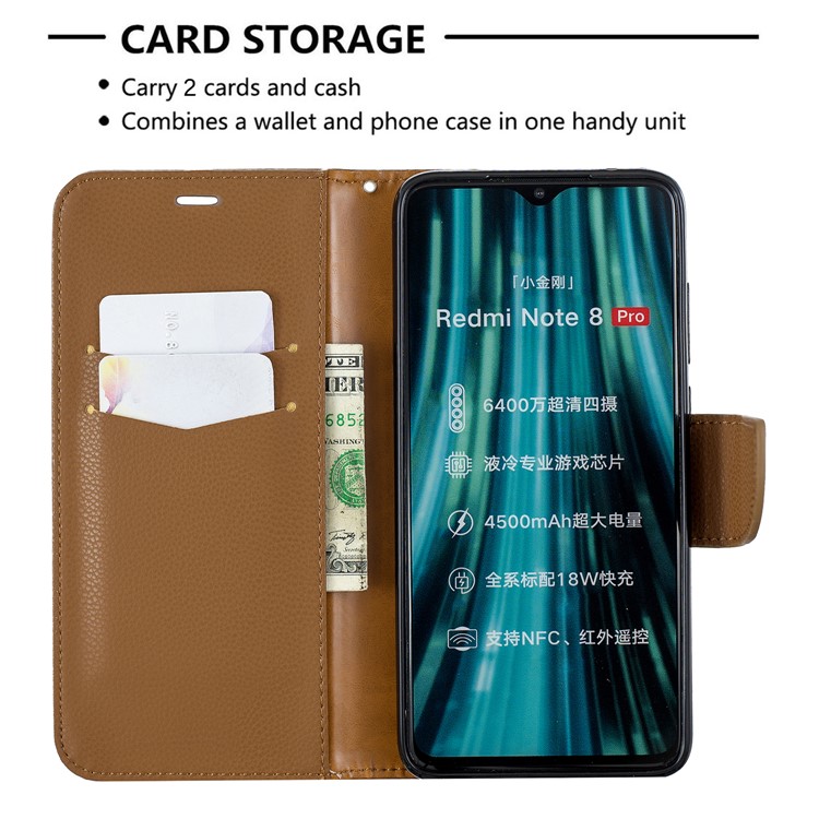 Riposare La Pelle Del Litchi Portafoglio In Pelle Caso Per Xiaomi Redmi Nota 8 Pro - Marrone-6