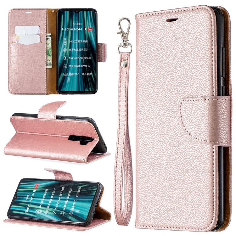 Litchi Skin Wallet Leather Stand Case for Xiaomi Redmi Note 8 Pro - Rose Gold-1