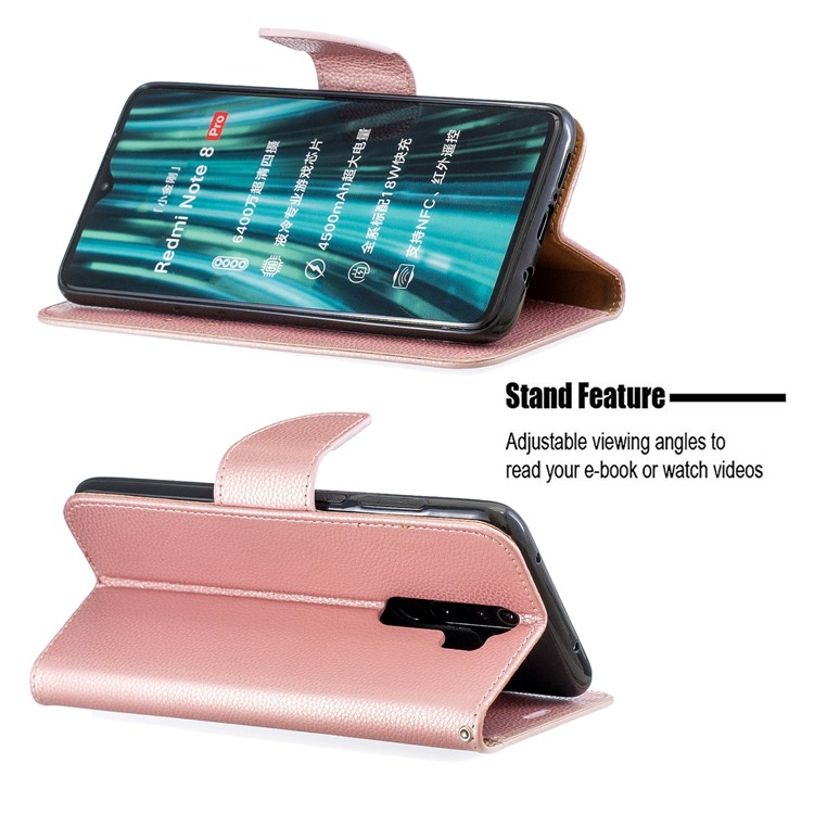 Litchi Skin Wallet Leather Stand Case for Xiaomi Redmi Note 8 Pro - Rose Gold-5