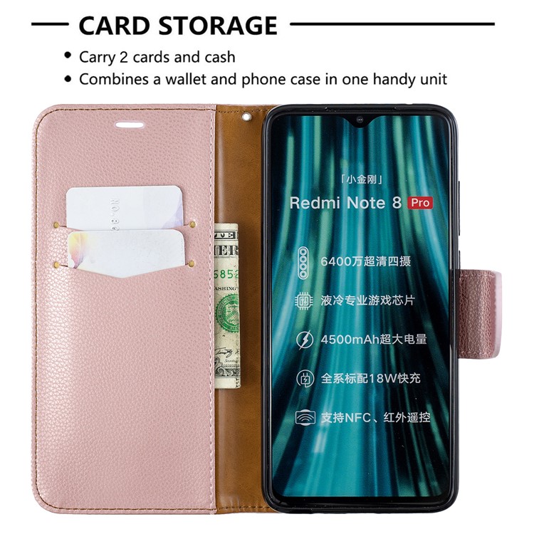 Litchi Skin Wallet Leather Stand Case for Xiaomi Redmi Note 8 Pro - Rose Gold-6