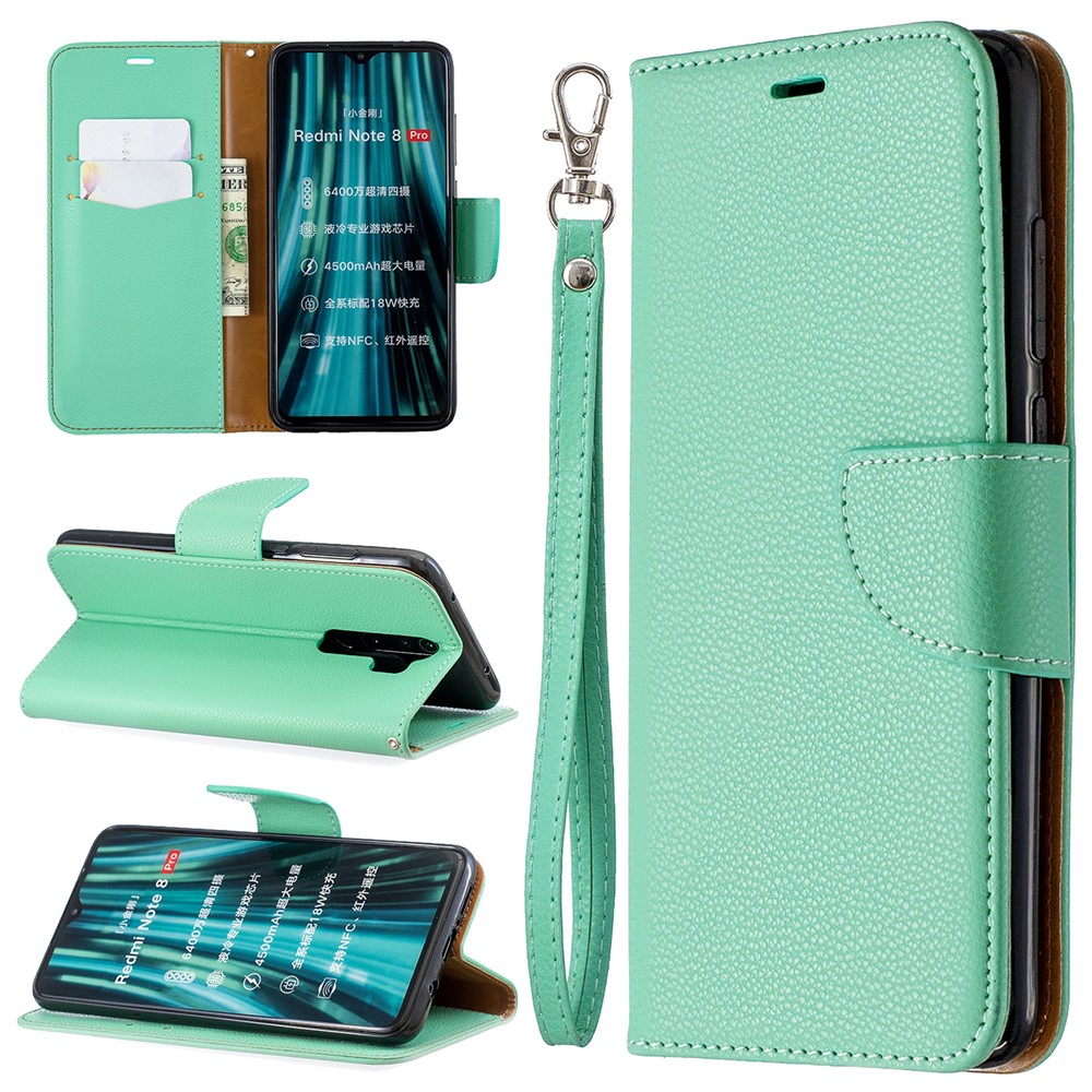Litchi Skin Wallet Leather Stand Case for Xiaomi Redmi Note 8 Pro - Green-1