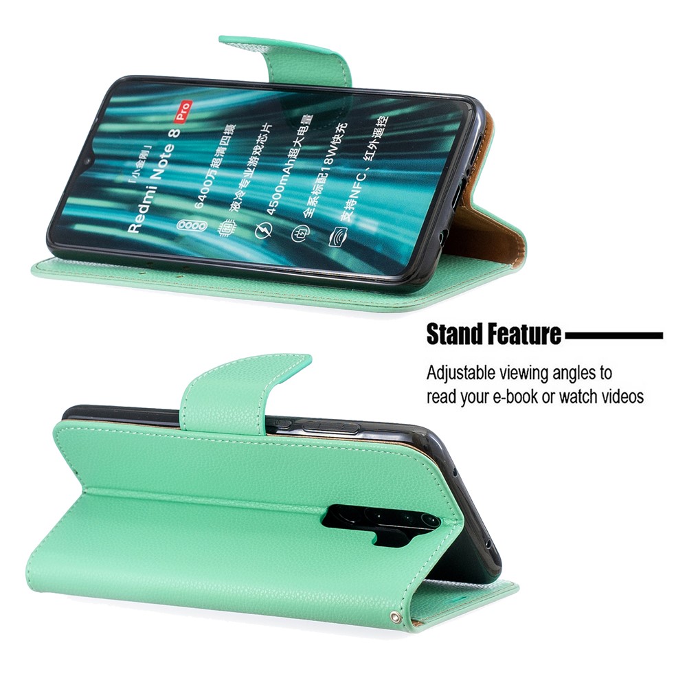 Litchi Skin Wallet Leather Stand Case for Xiaomi Redmi Note 8 Pro - Green-5
