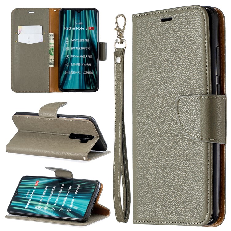Litchi Skin Wallet Leather Stand Case for Xiaomi Redmi Note 8 Pro - Grey-1