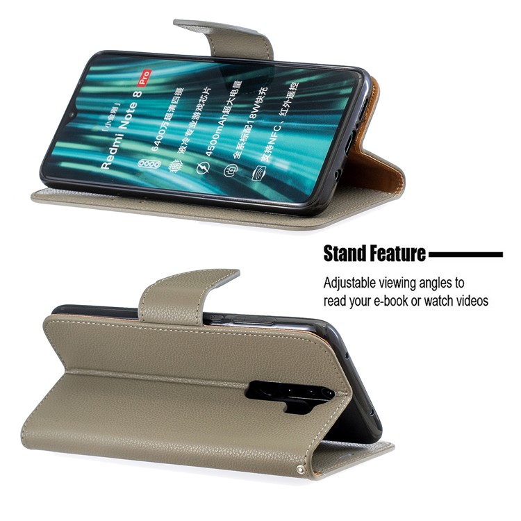 Litchi Skin Wallet Leather Stand Case for Xiaomi Redmi Note 8 Pro - Grey-5