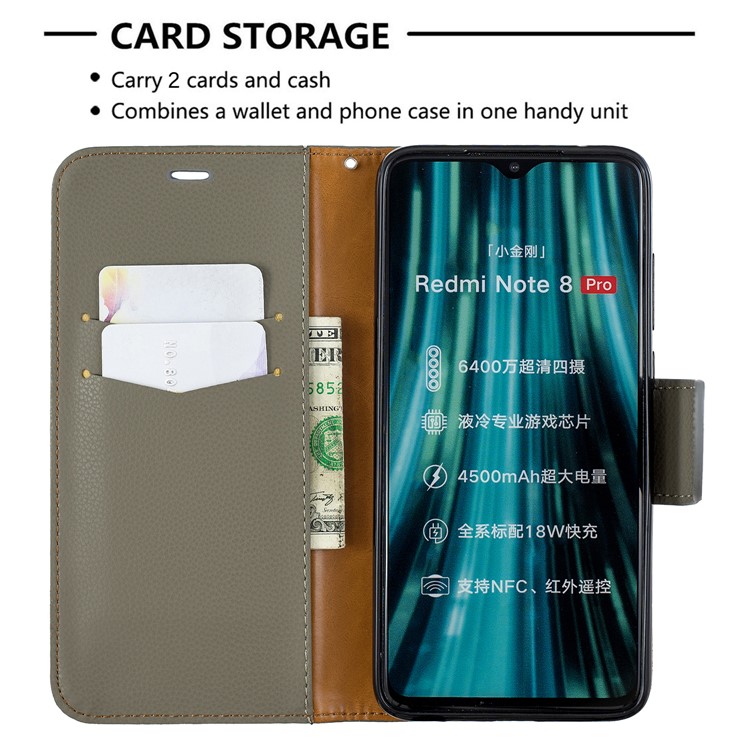 Litchi Skin Wallet Leather Stand Case for Xiaomi Redmi Note 8 Pro - Grey-6