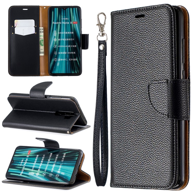 Litchi Skin Wallet Leather Stand Case for Xiaomi Redmi Note 8 Pro - Black-1