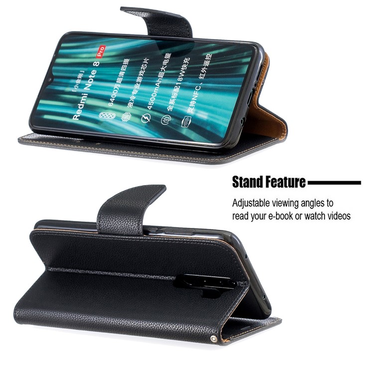Litchi Skin Wallet Leather Stand Case for Xiaomi Redmi Note 8 Pro - Black-5
