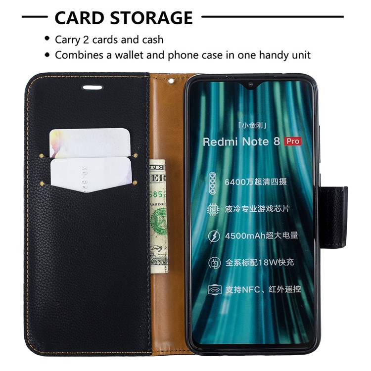 Litchi Skin Wallet Leather Stand Case for Xiaomi Redmi Note 8 Pro - Black-6