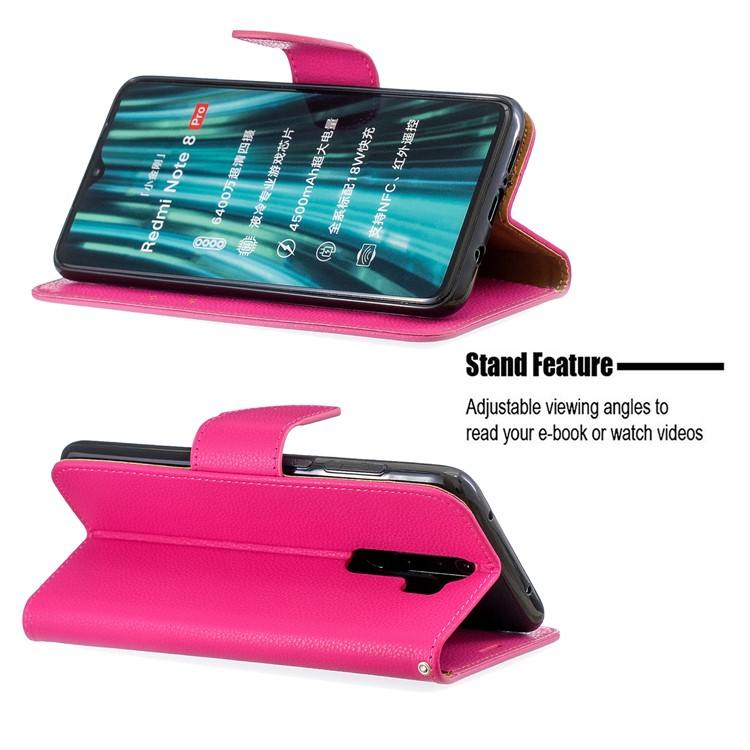 Litchi Skin Wallet Leather Stand Case for Xiaomi Redmi Note 8 Pro - Rose-5
