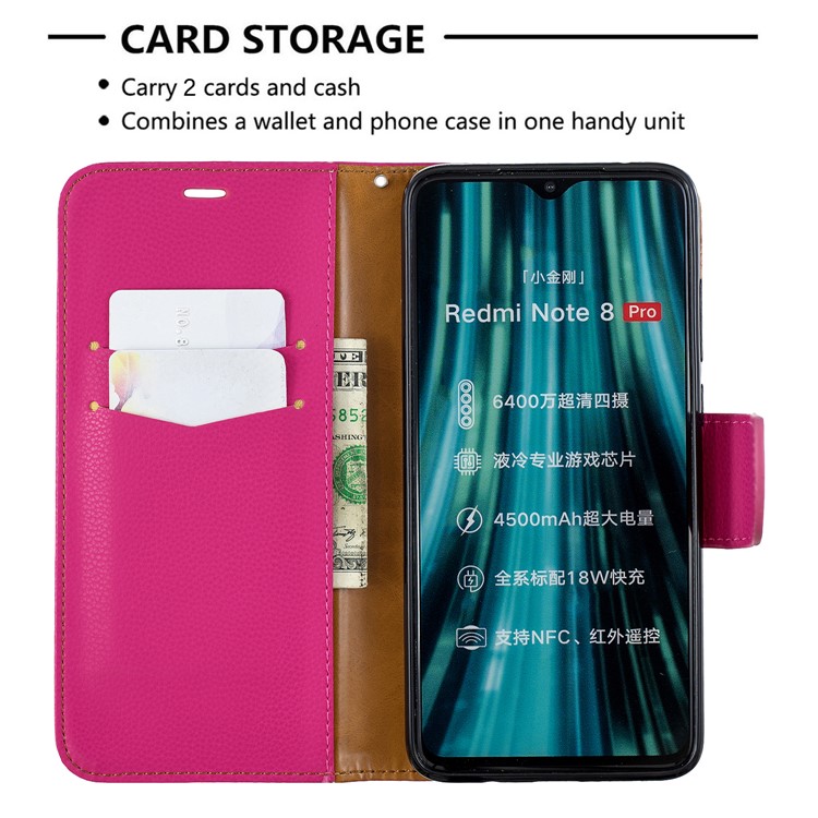 Litchi Skin Wallet Leather Stand Case for Xiaomi Redmi Note 8 Pro - Rose-6