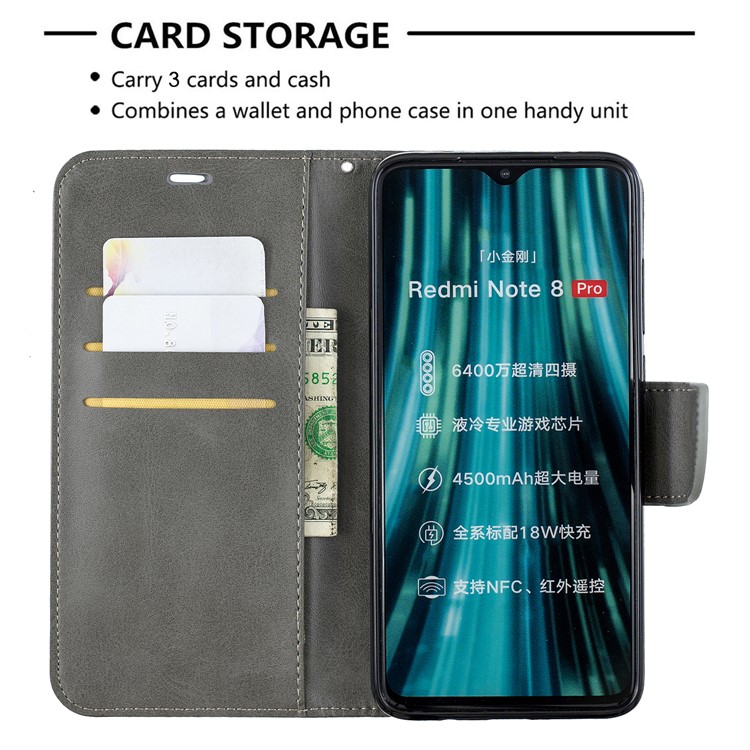 For Xiaomi Redmi Note 8 Pro PU Leather Wallet Stand Phone Shell - Grey-6