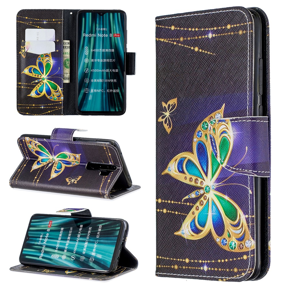 Pattern Printing Cross Texture Wallet Stand Flip Leather Case for Xiaomi Redmi Note 8 Pro - Crystal Butterflies-1