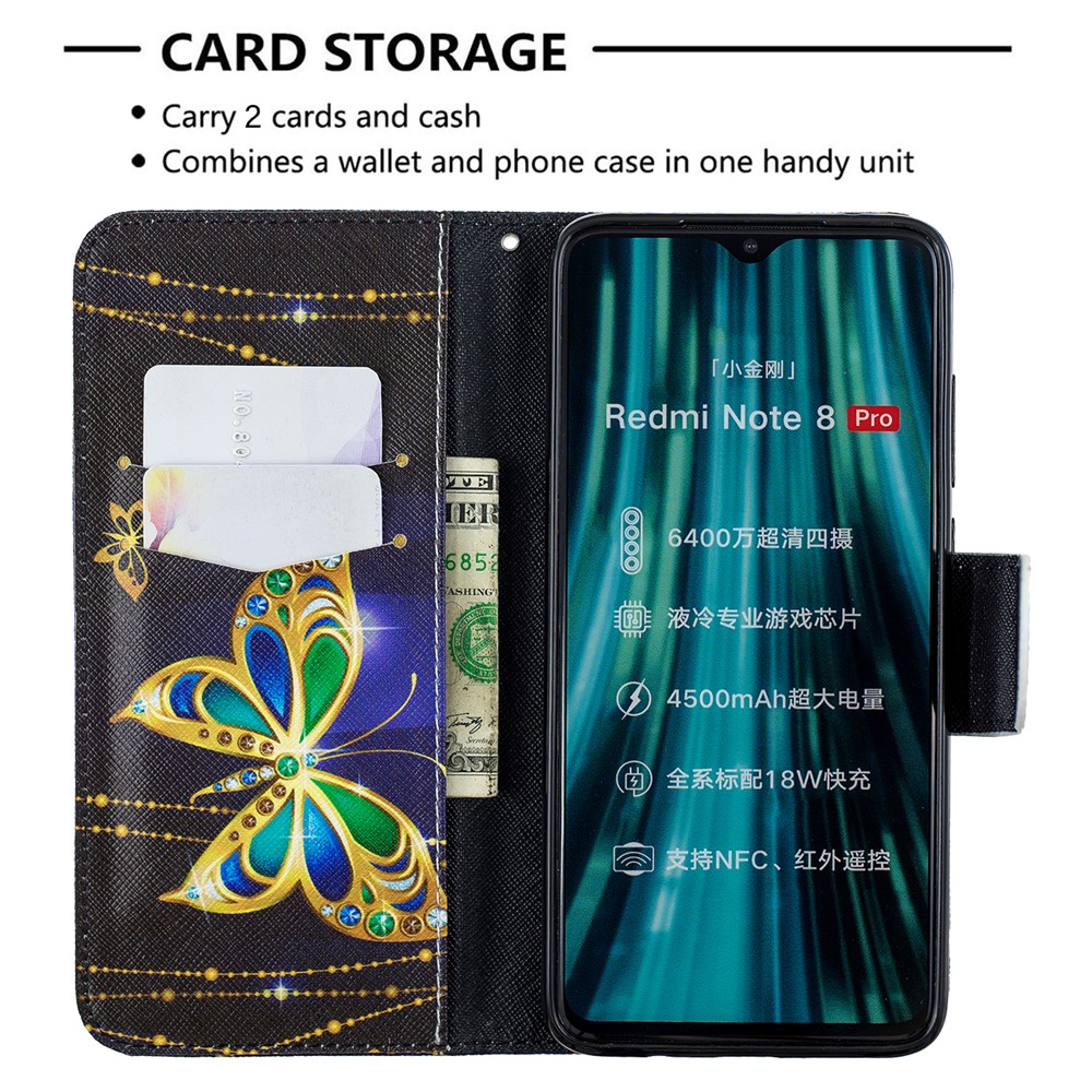 Pattern Printing Cross Texture Wallet Stand Flip Leather Case for Xiaomi Redmi Note 8 Pro - Crystal Butterflies-6