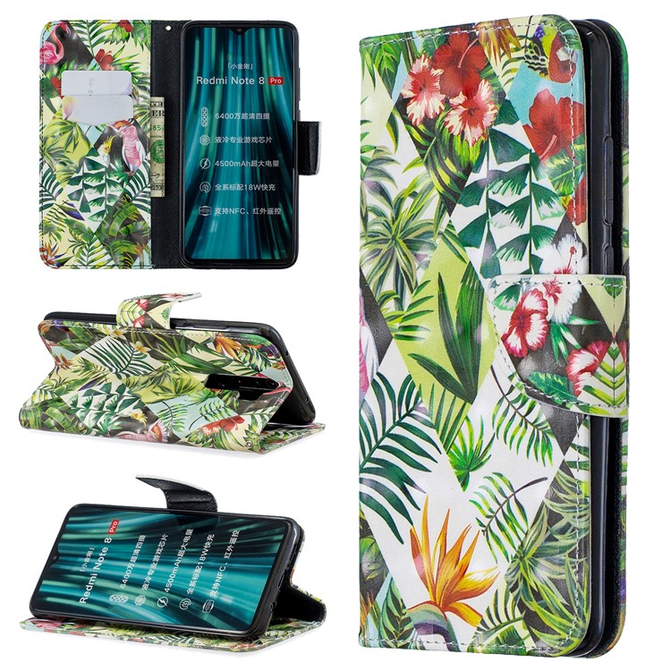 Pattern Printing Light Spot Decor Magnetic Leather Wallet Cover for Xiaomi Redmi Note 8 Pro - Banana Leaf-1