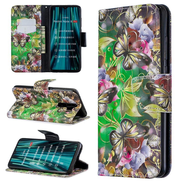 Pattern Printing Light Spot Decor Magnetic Leather Wallet Cover for Xiaomi Redmi Note 8 Pro - Green Butterfly-1