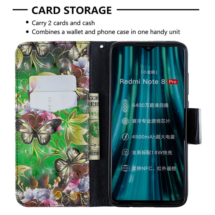 Pattern Printing Light Spot Decor Magnetic Leather Wallet Cover for Xiaomi Redmi Note 8 Pro - Green Butterfly-6