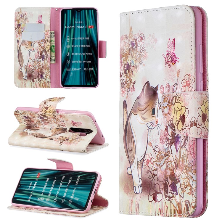 Pattern Printing Light Spot Decor Magnetic Leather Wallet Cover for Xiaomi Redmi Note 8 Pro - Cat and Flowers-1