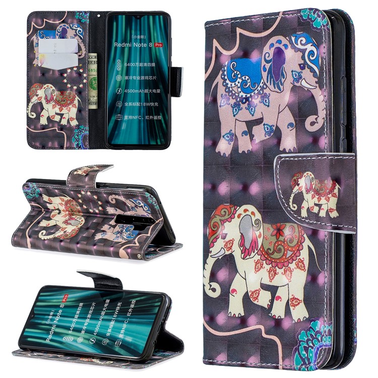 Pattern Printing Light Spot Decor Magnetic Leather Wallet Cover for Xiaomi Redmi Note 8 Pro - Elephant-1
