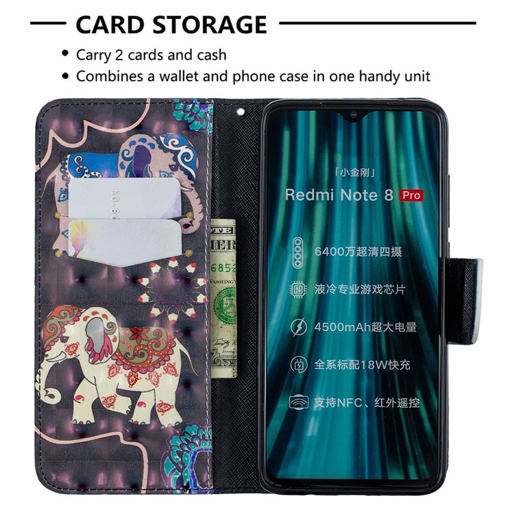 Pattern Printing Light Spot Decor Magnetic Leather Wallet Cover for Xiaomi Redmi Note 8 Pro - Elephant-6