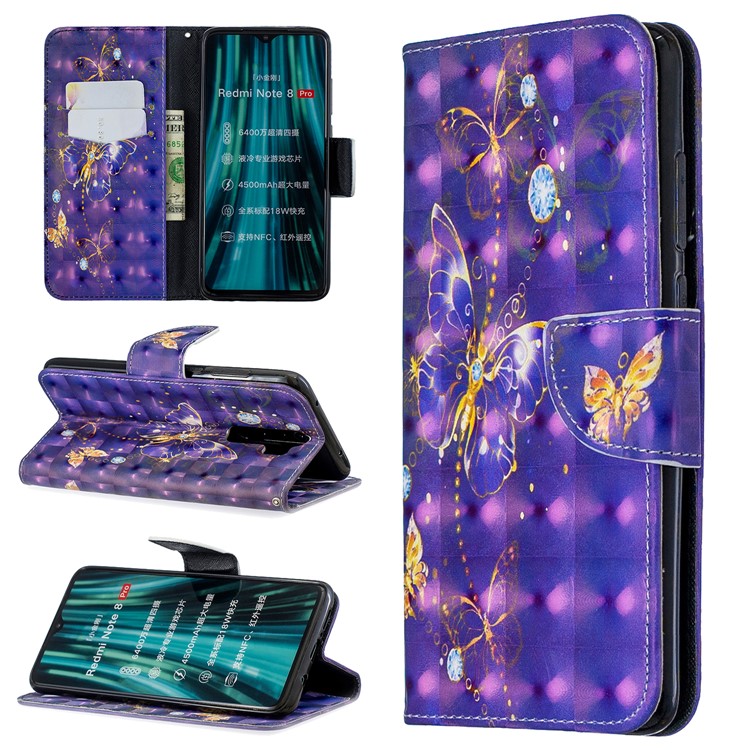 Pattern Printing Light Spot Decor Magnetic Leather Wallet Cover for Xiaomi Redmi Note 8 Pro - Purple Butterfly-1