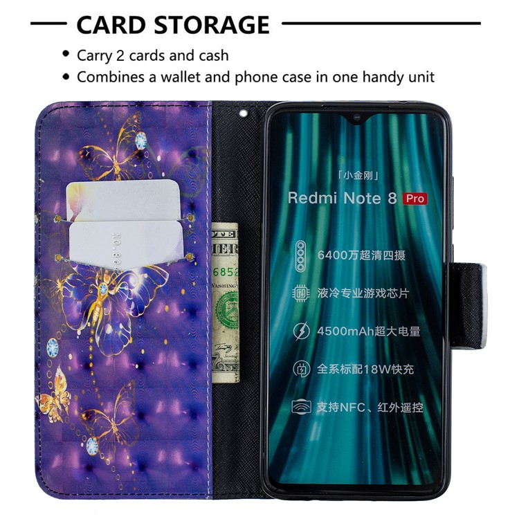 Pattern Printing Light Spot Decor Magnetic Leather Wallet Cover for Xiaomi Redmi Note 8 Pro - Purple Butterfly-6