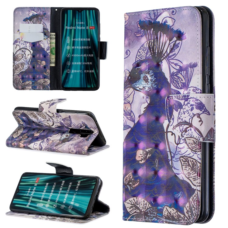 Pattern Printing Light Spot Decor Magnetic Leather Wallet Cover for Xiaomi Redmi Note 8 Pro - Peacock-1