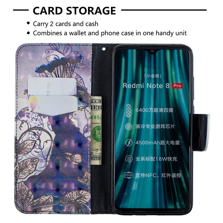 Pattern Printing Light Spot Decor Magnetic Leather Wallet Cover for Xiaomi Redmi Note 8 Pro - Peacock-6