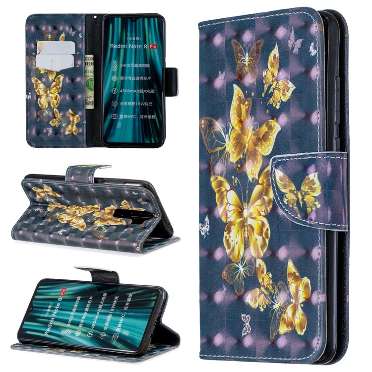 Pattern Printing Light Spot Decor Magnetic Leather Wallet Cover for Xiaomi Redmi Note 8 Pro - Golden Butterfly-1