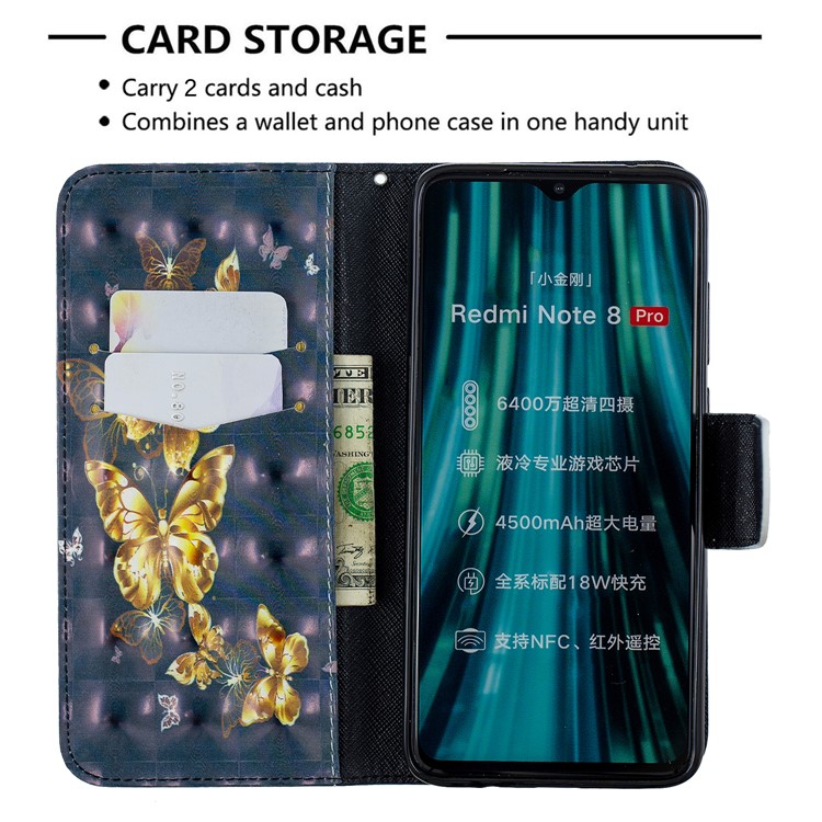 Pattern Printing Light Spot Decor Magnetic Leather Wallet Cover for Xiaomi Redmi Note 8 Pro - Golden Butterfly-6