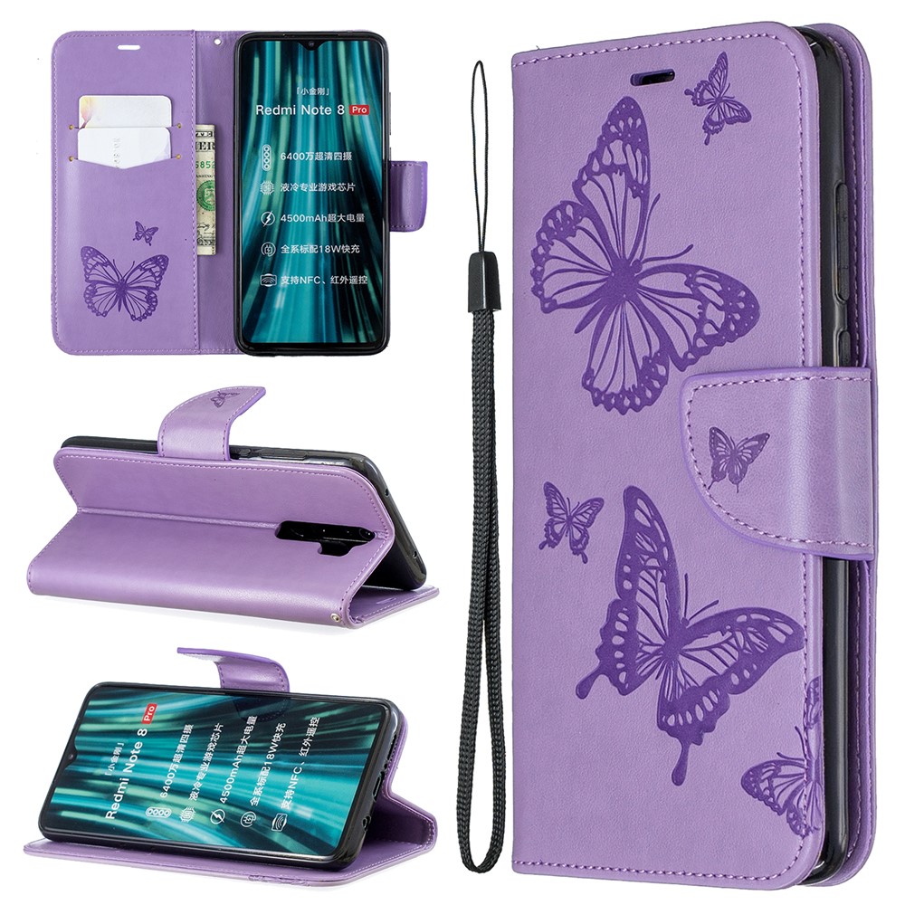 Imprint Butterfly Stand Leather Wallet Casing for Xiaomi Redmi Note 8 Pro - Purple-1