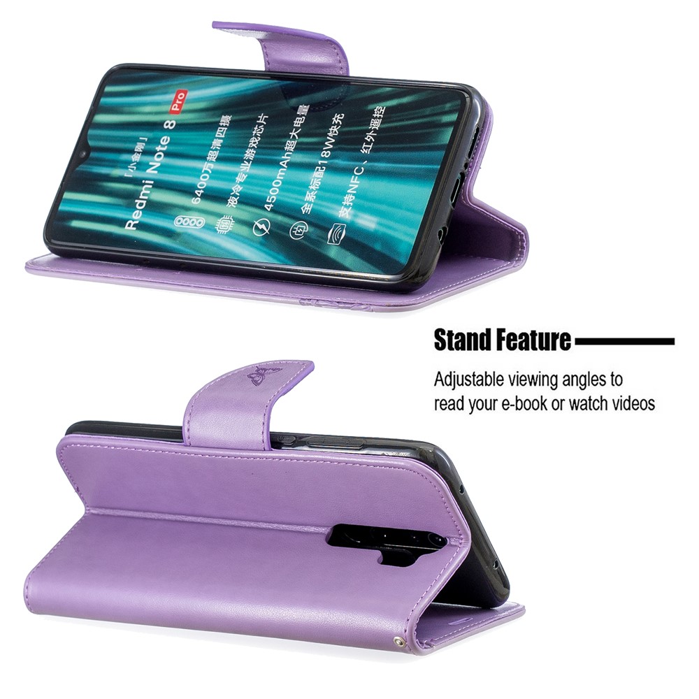 Imprint Butterfly Stand Leather Wallet Casing for Xiaomi Redmi Note 8 Pro - Purple-5