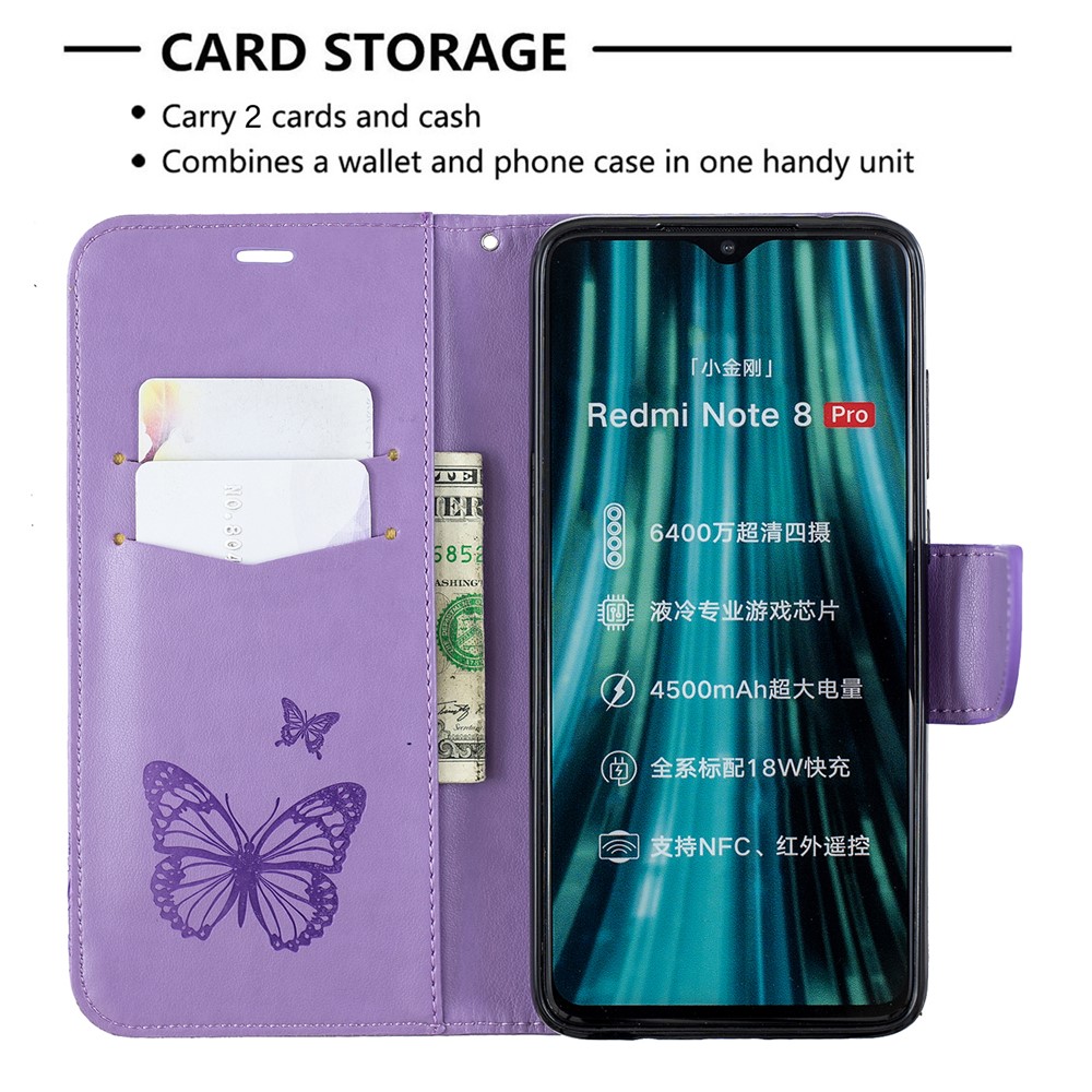 Imprint Butterfly Stand Leather Wallet Casing for Xiaomi Redmi Note 8 Pro - Purple-6