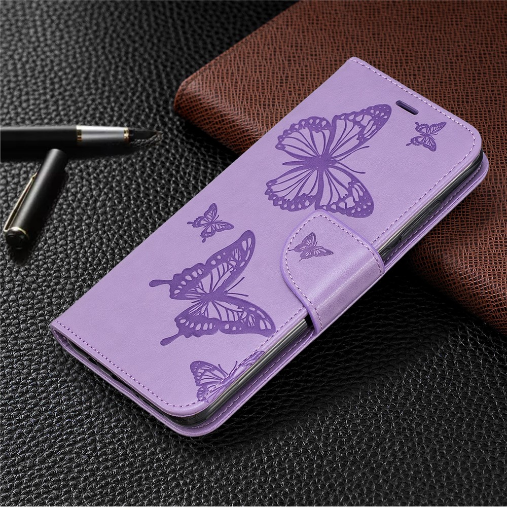 Imprint Butterfly Stand Leather Wallet Casing for Xiaomi Redmi Note 8 Pro - Purple-7