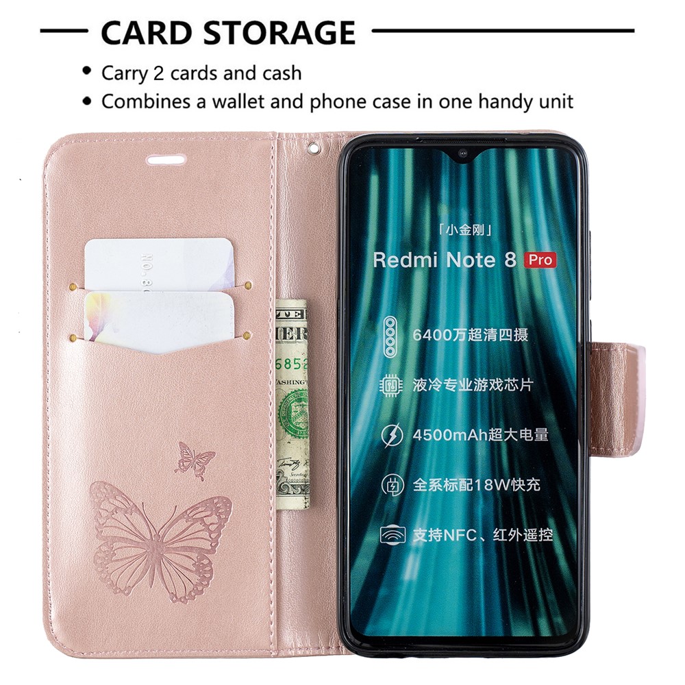 Imprint Butterfly Stand Leather Wallet Casing for Xiaomi Redmi Note 8 Pro - Rose Gold-6