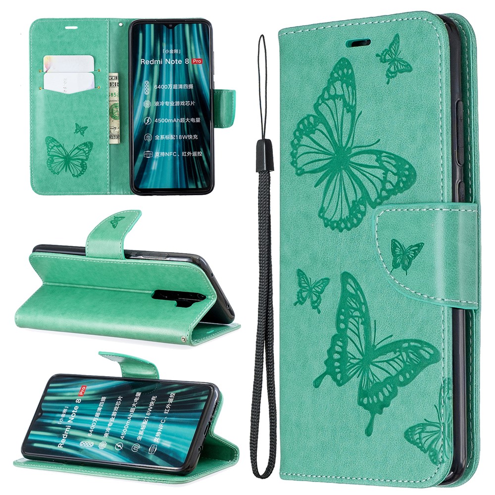 Imprint Butterfly Stand Leather Wallet Casing for Xiaomi Redmi Note 8 Pro - Green-1