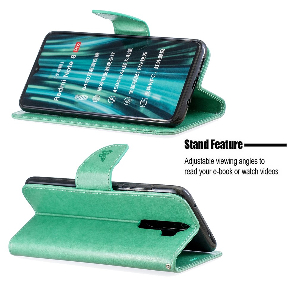 Imprint Butterfly Stand Leather Wallet Casing for Xiaomi Redmi Note 8 Pro - Green-5