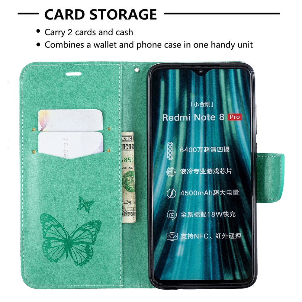 Imprint Butterfly Stand Leather Wallet Casing for Xiaomi Redmi Note 8 Pro - Green-6